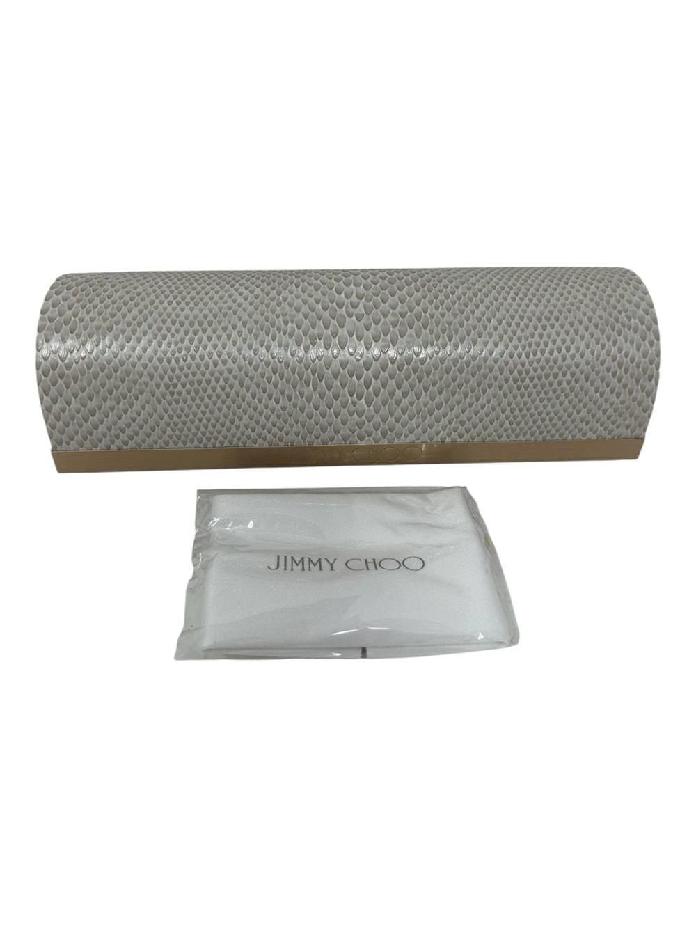 Jimmy Choo Hard Case With a Light Beige Snakeskin Pattern and A Gold Logo Trim